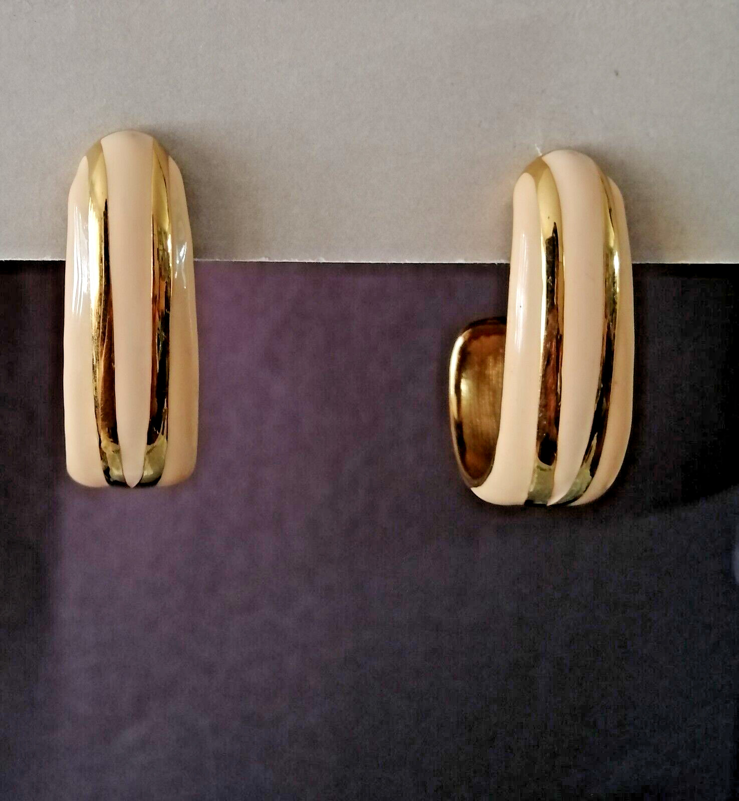 Vtg Monet Enamel Gold Curve Statement Earrings Pieced Signed