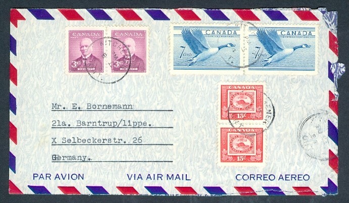 CANADA 1954 50c RATE COMBO AIR TO GERMANY