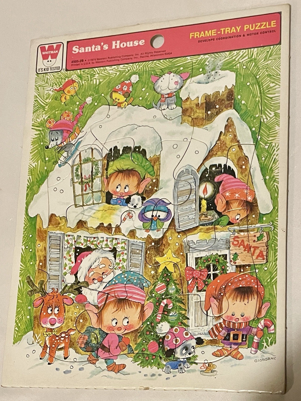 Vintage 1974 Whitman Christmas Frame Tray 8 X 11 Puzzle ELF Santa OWL 4505
