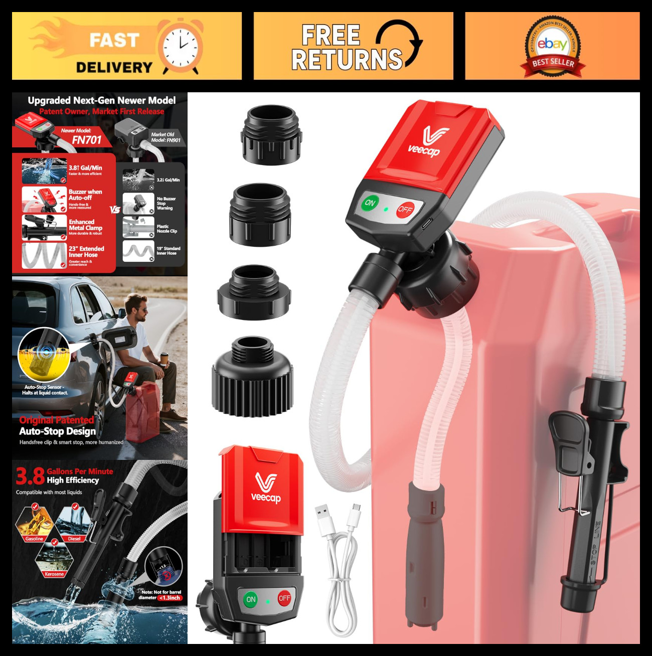 Automatic Electric Fuel Transfer Pump, 3.8GPM, Auto-Stop, 51" Hose, Leak Proof,