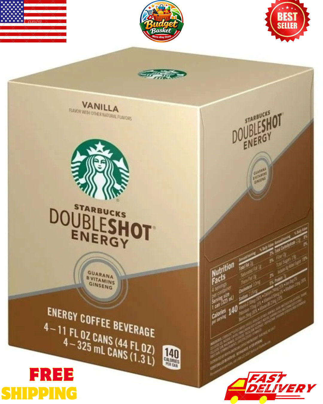 Doubleshot Energy Vanilla Coffee Energy Drink, 11 oz, 4 Pack Cans USA