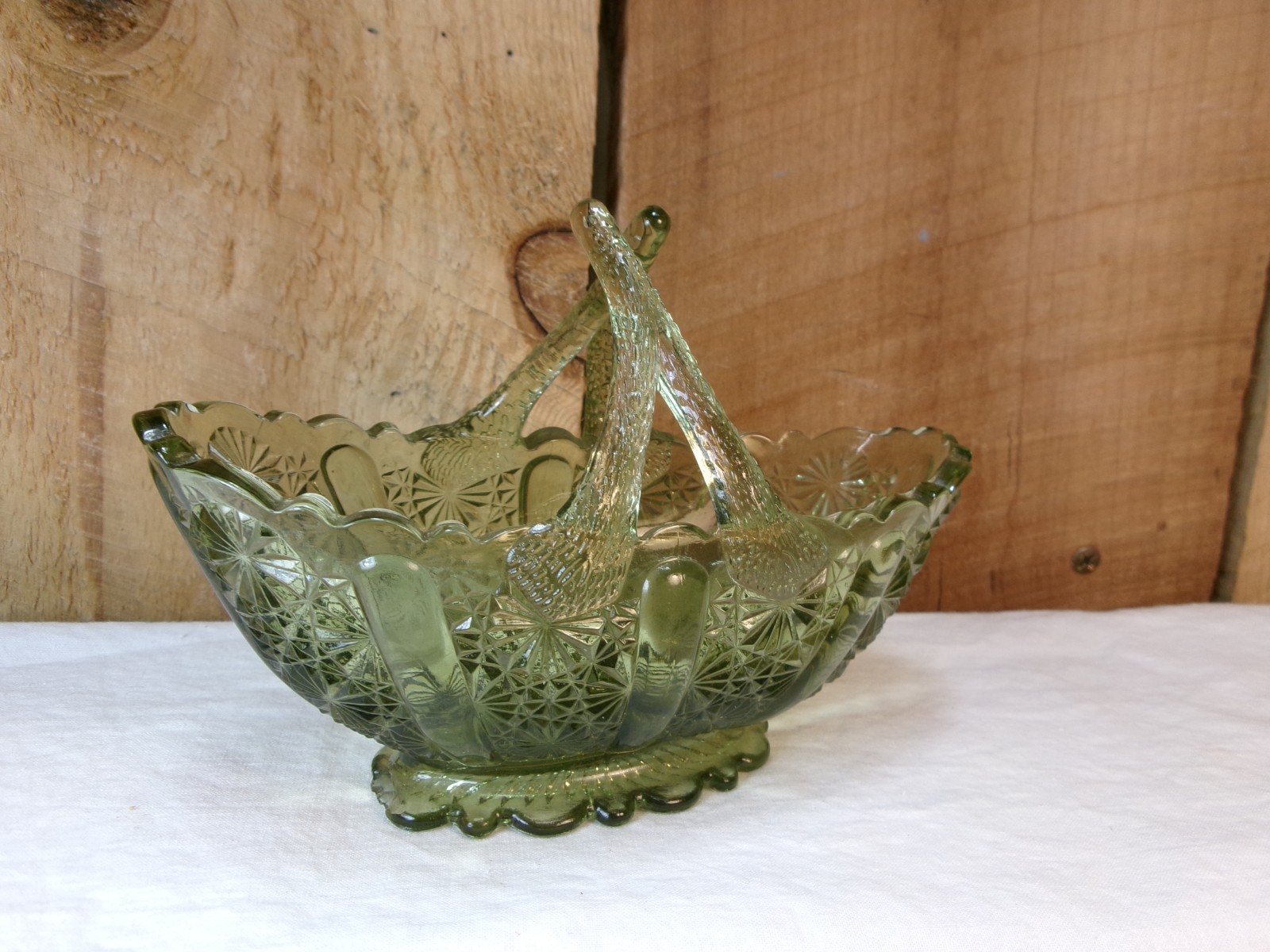 Vintage Fenton Green Glass Colonial Daisy and Button Split Handle Candy Nut Dish