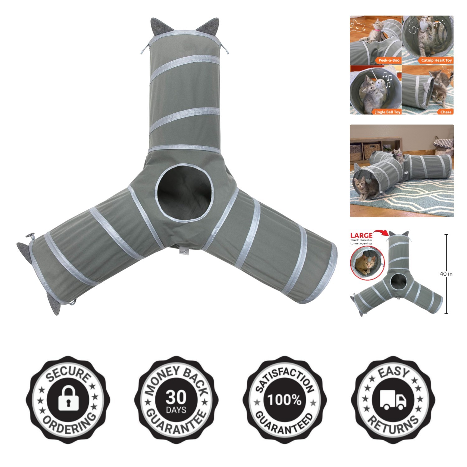 Extra Large 44.5" Cat Tunnel - Stylish Gray Toy for Active Cats & Kittens