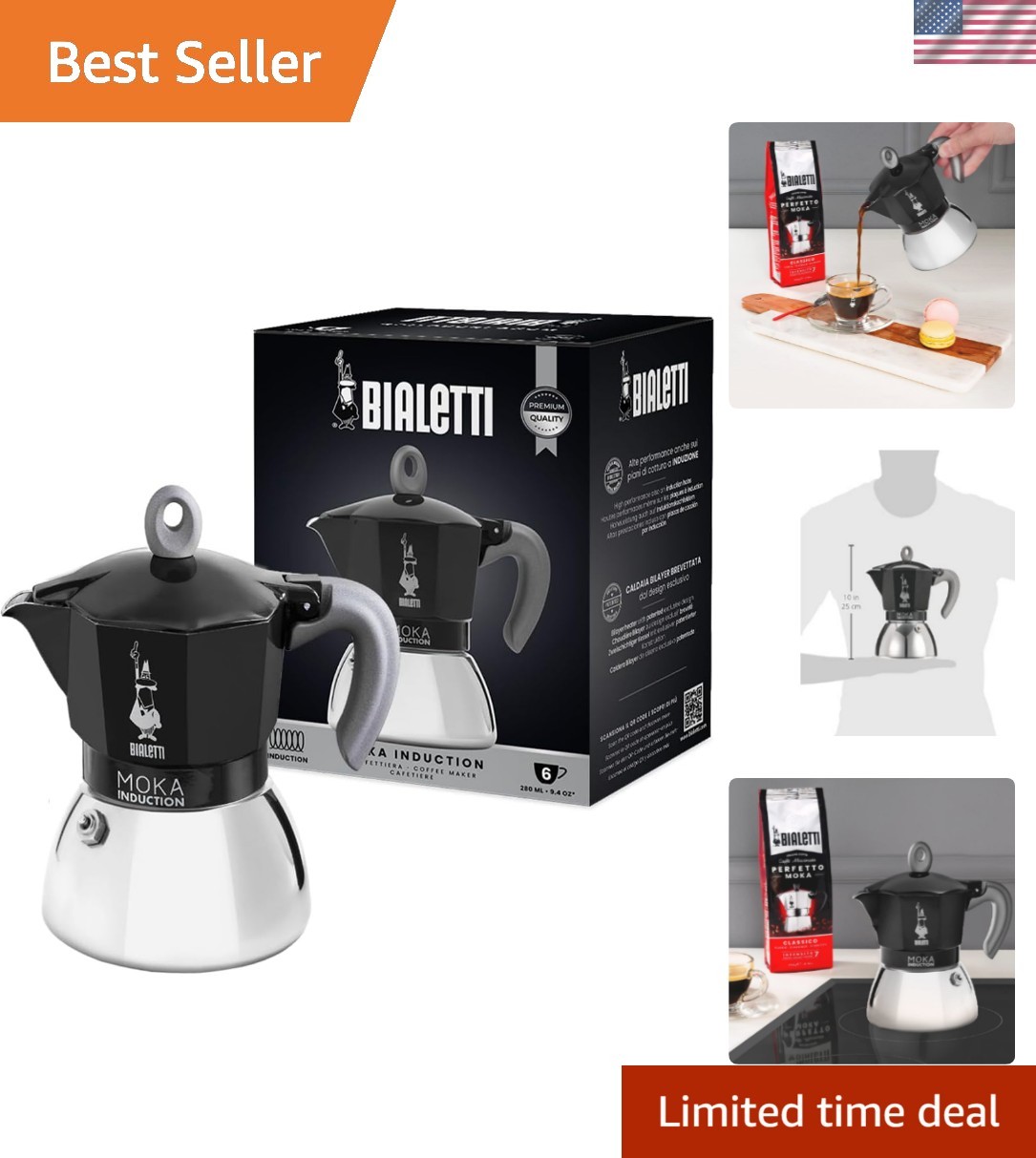 Moka Induction, Moka Pot, Suitable for all Types of Hobs, 6 Cups Espresso 9.4...