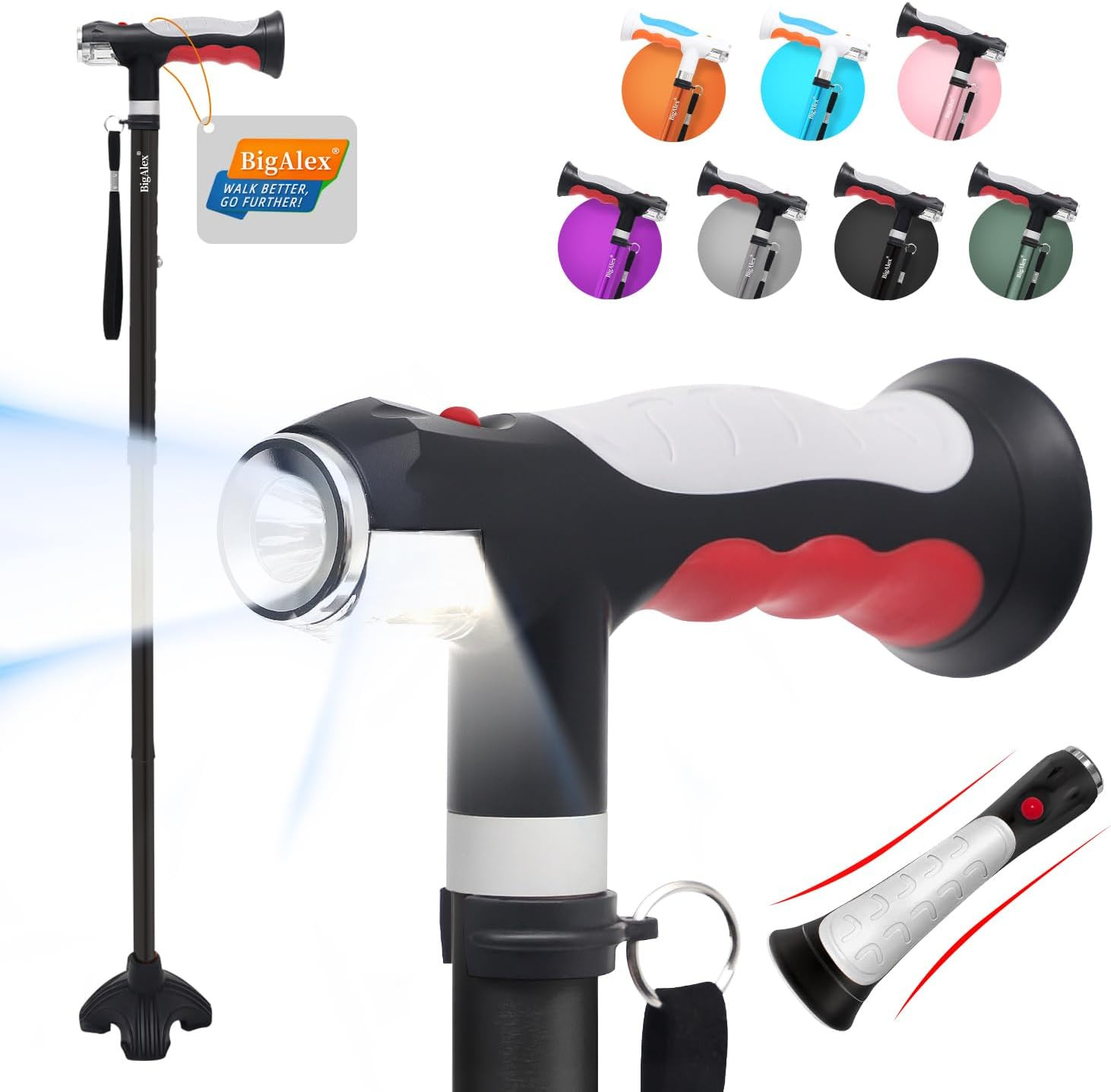 Bigalex Folding Walking Cane with Two Led Lights for Elderly Solid Base Adjustab