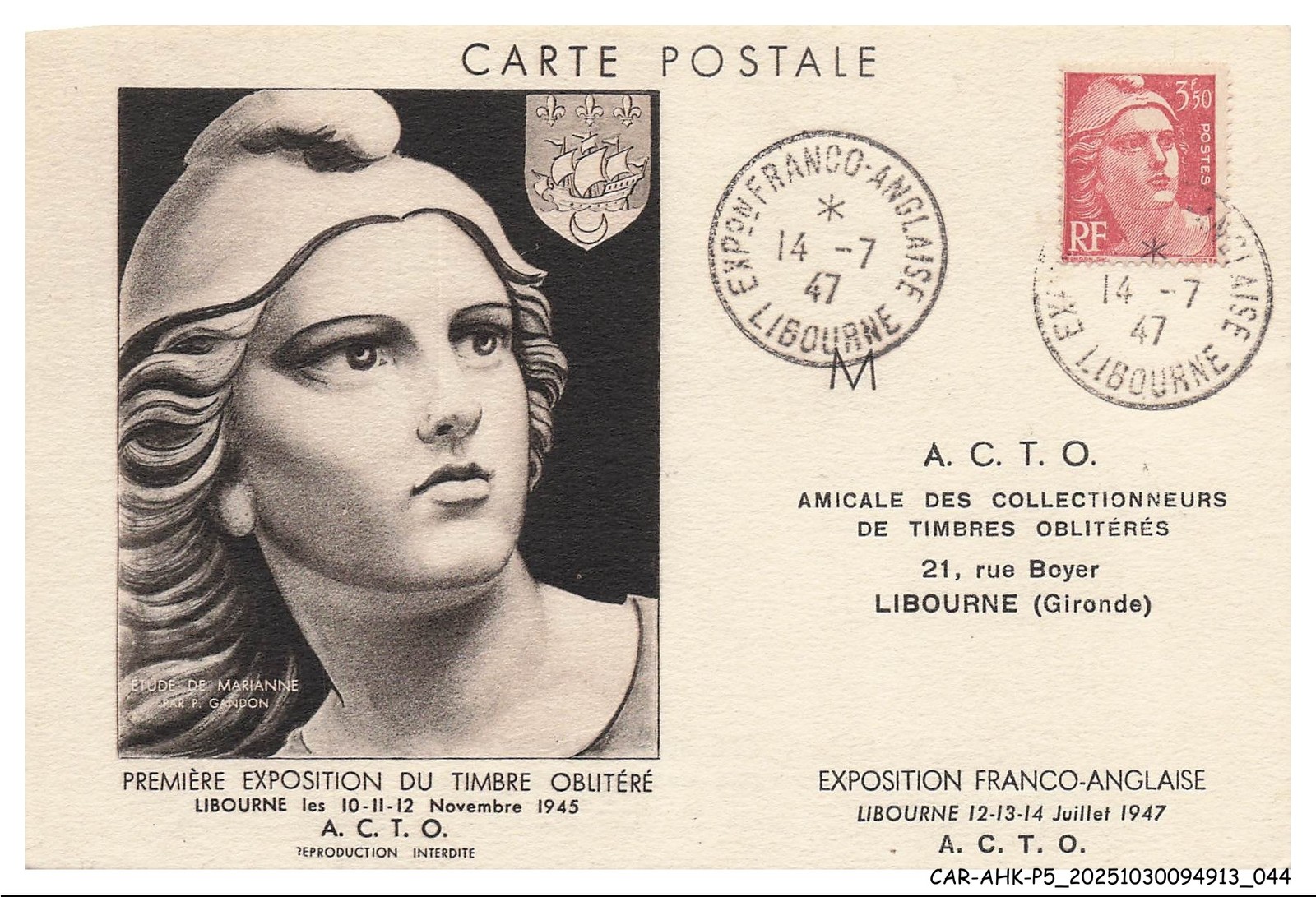 Car Ahkp5 0288 Maximum Cards - Libourne - First Exhibition Of The Stamp Cancel