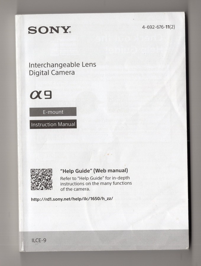 Sony A9 / Alpha 9 (1st Version) Camera Instruction Manual / Guide In English