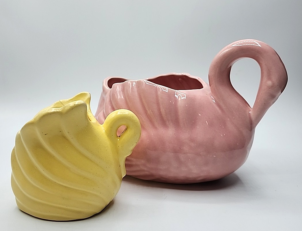 2 Vintage MCM Pink & Yellow Swan Ceramic Planters Bowl 