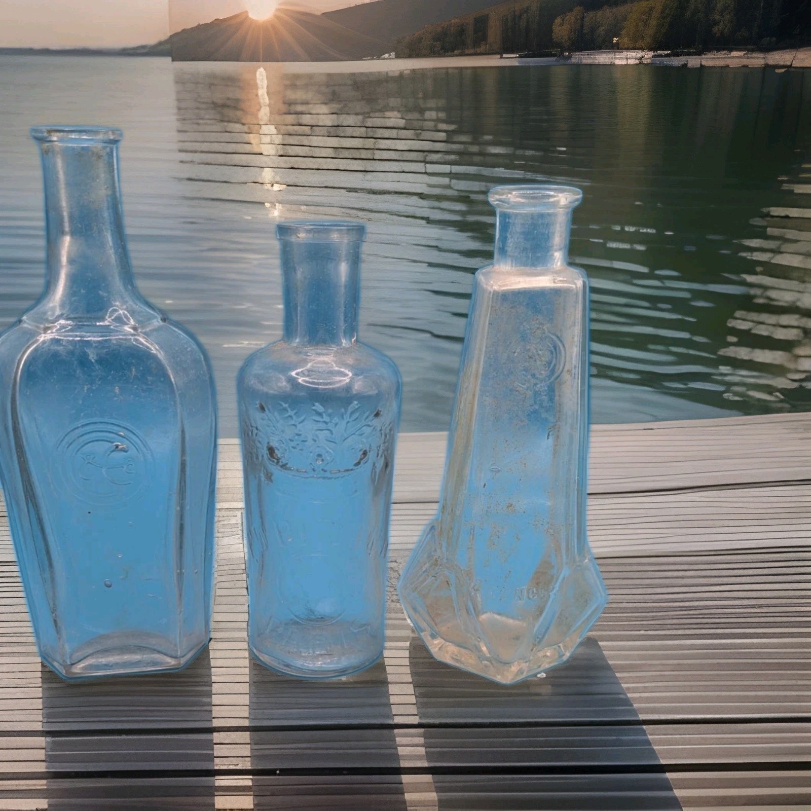 Group Of 3  Embossed Late 19th Century Apothecary Bottles.  Fragrance Type