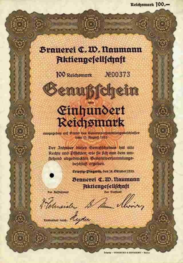 Brewery Naumann Leipzig Plagwitz VEB Westquell 1933 pleasure certificate 100 RM Saxony