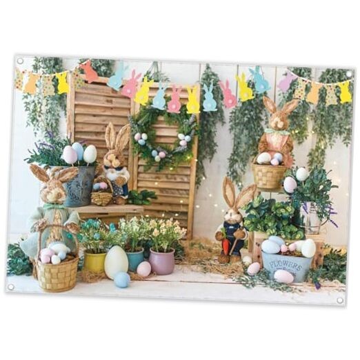 7x5ft Spring Easter Photography Backdrop Garden Bunny Colorful Eggs Flower 