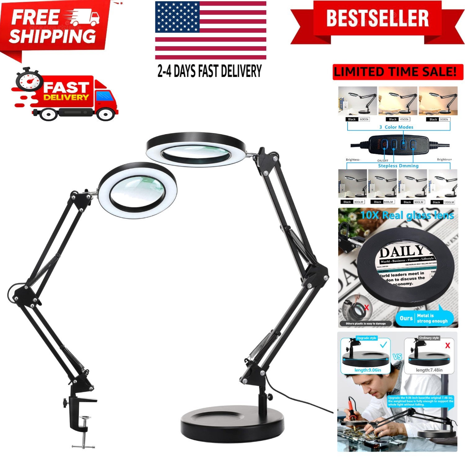 10X Magnifying Glass with Light and Stand, 2-in-1 Stepless Dimmable LED Desk ...