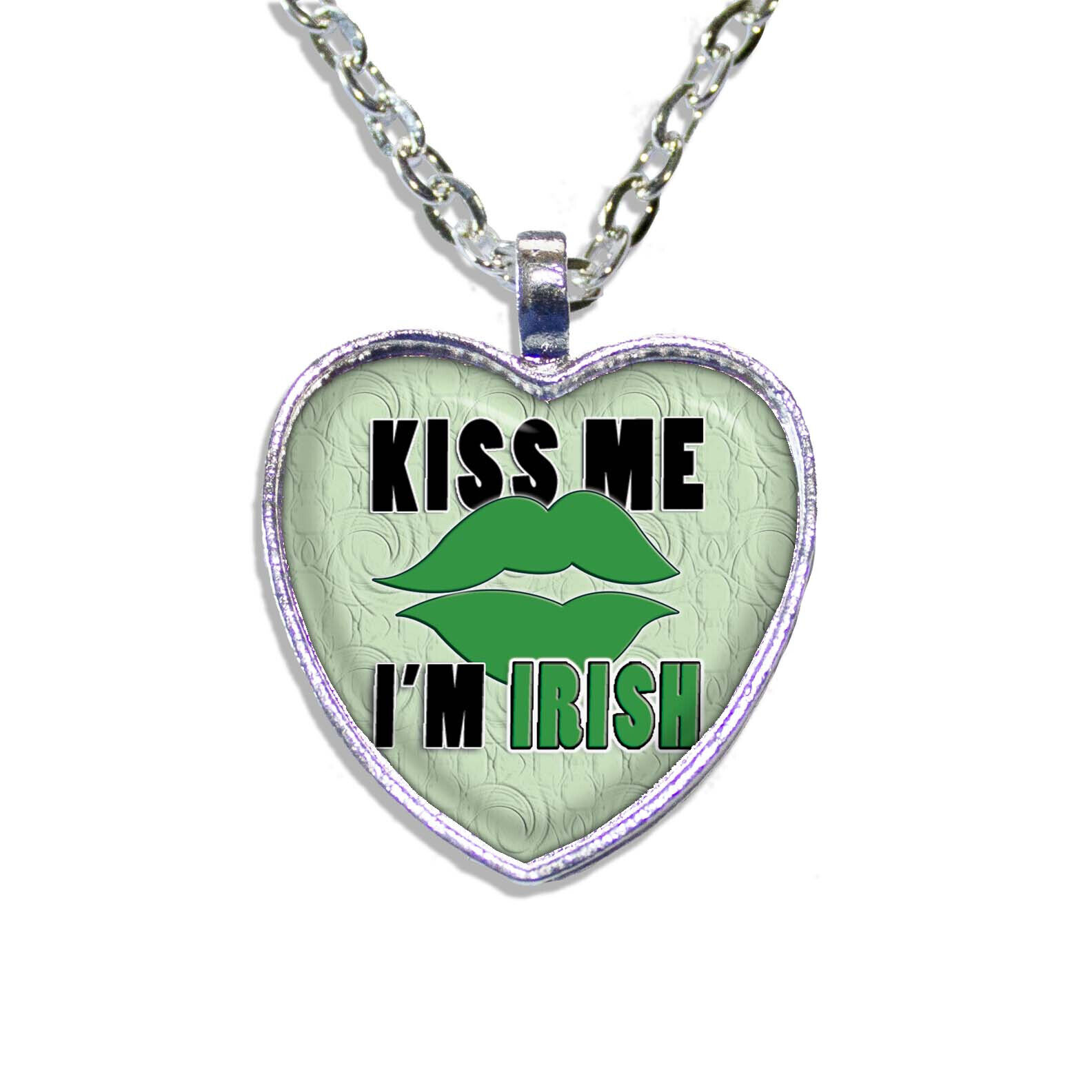 St. Patrick's Kiss Me I'm Irish Saying - HEART-shaped glass pendant necklace