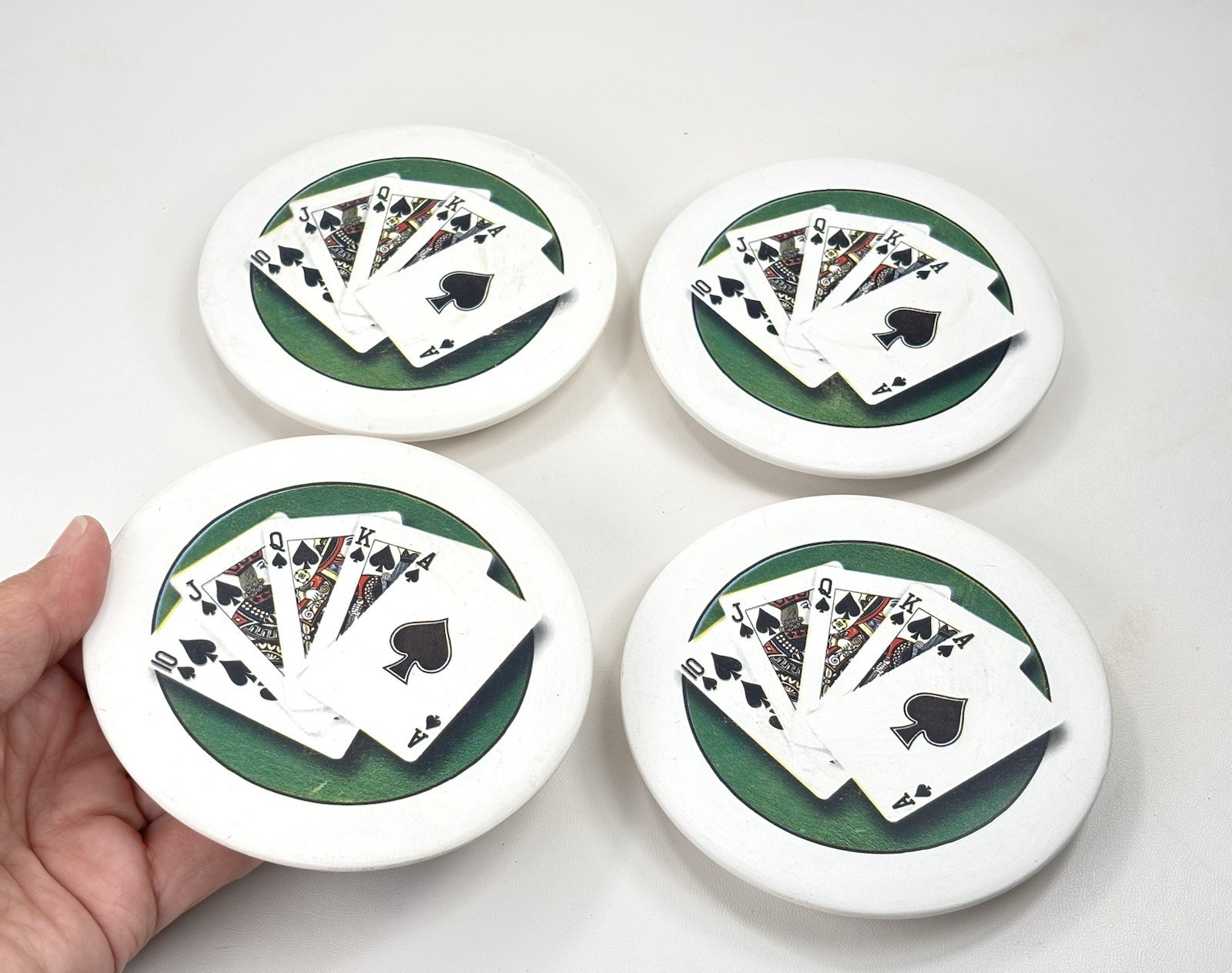 Set Of 4 Round Ceramic Playing Cards Coasters Casino Game Night Vintage