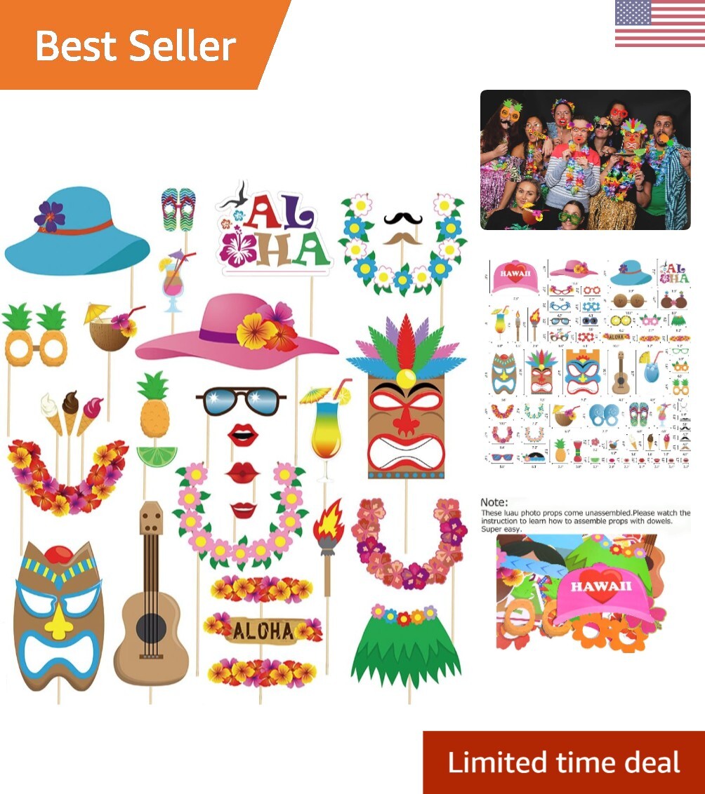60pcs Luau Photo Booth Props - Hawaiian/Tropical/Tiki/Summer Pool Party Decor...