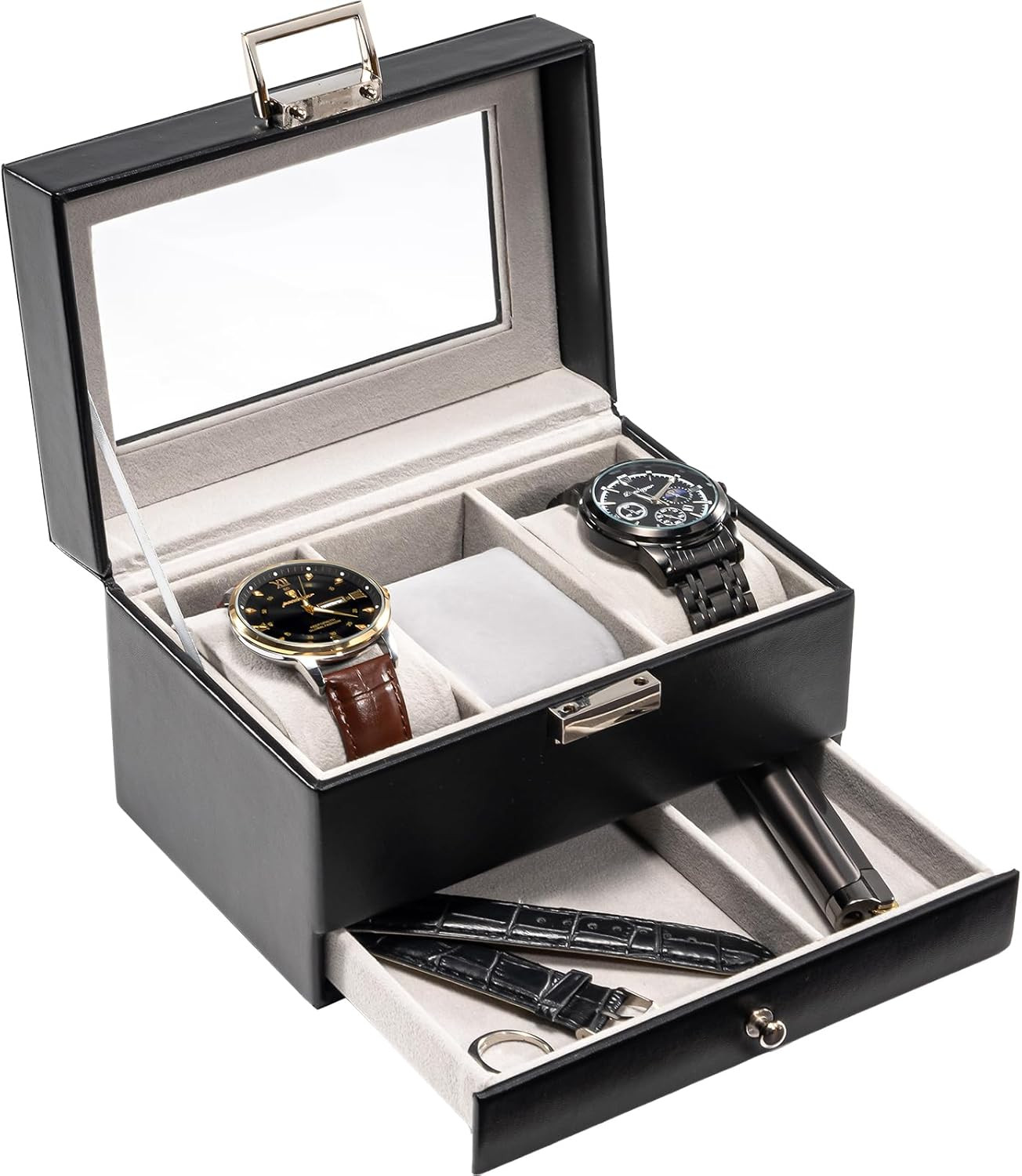 Watch Box, 3 Slot Watches Display Case with Drawer, Mens Watch 3-Slot Black