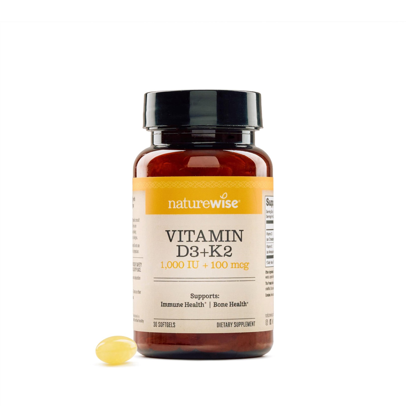 NatureWise Vitamin D3 1000IU + K2 (MK7) 100mcg 30 Count (Pack of 1), Yellow 