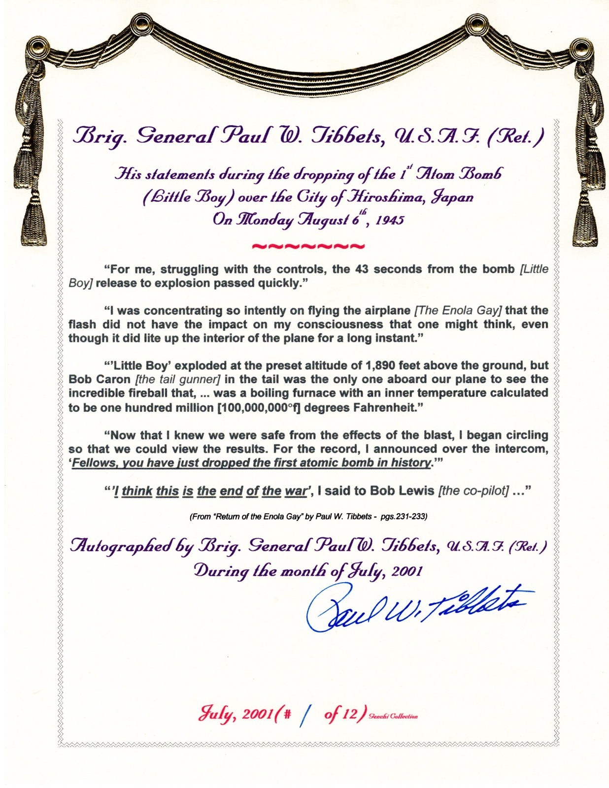 WWII ATOMIC BOMB MISSIONS: Signed Personal Statement by Paul Tibbets re: Bombing