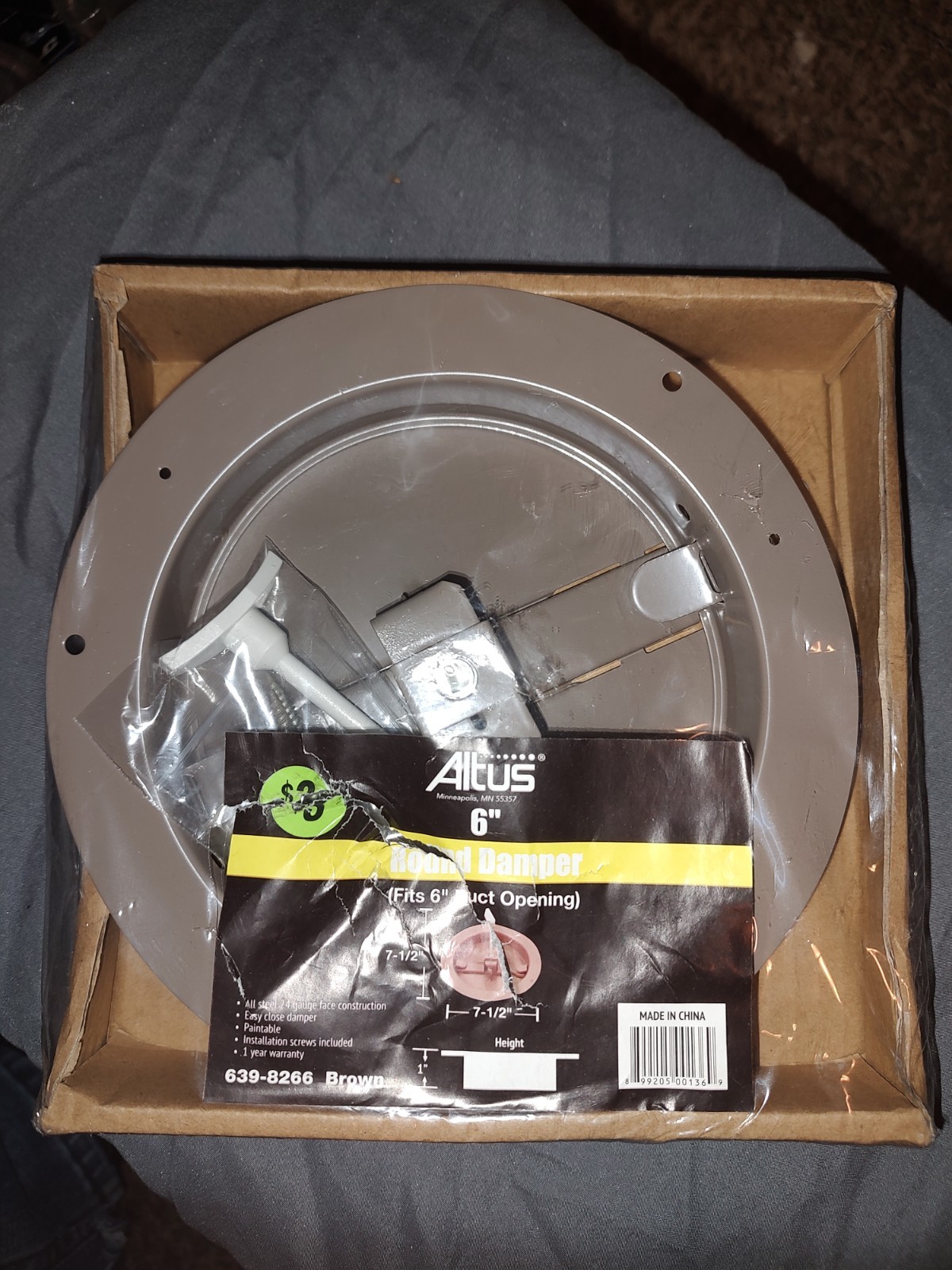 Altus 6” Round Damper Steel 24 Gauge Brown Paintable With Hardware Installation
