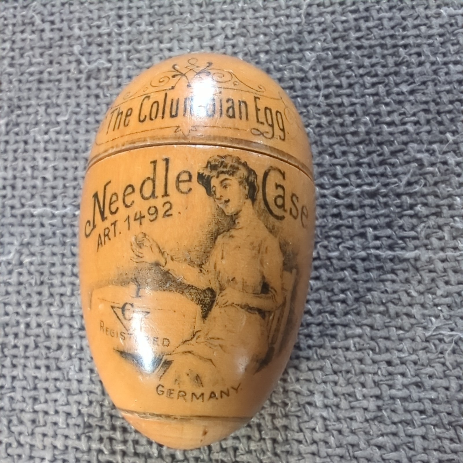 Vintage COLUMBIAN EGG Needle Case Victorian Lady Sewing Wooden Germany #1492