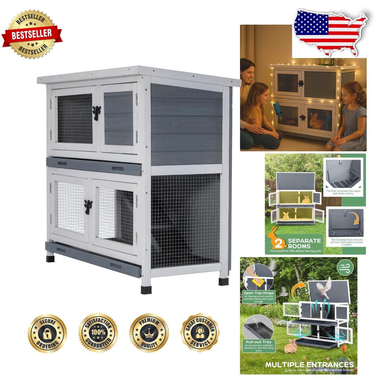 Spacious Wooden Rabbit Hutch 2-Tier Easy Clean Removable Tray