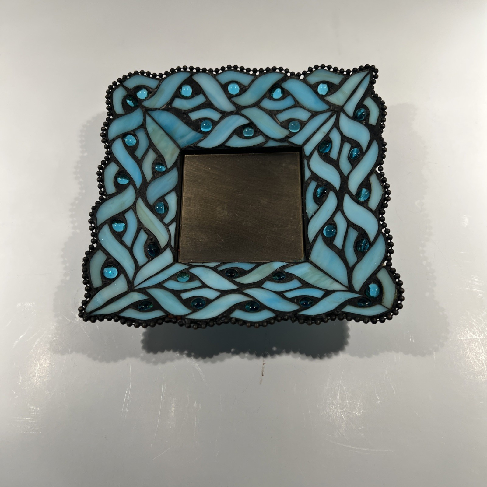 Partylite Spring Water Pillar Candle Holder Blue Stained Glass with box