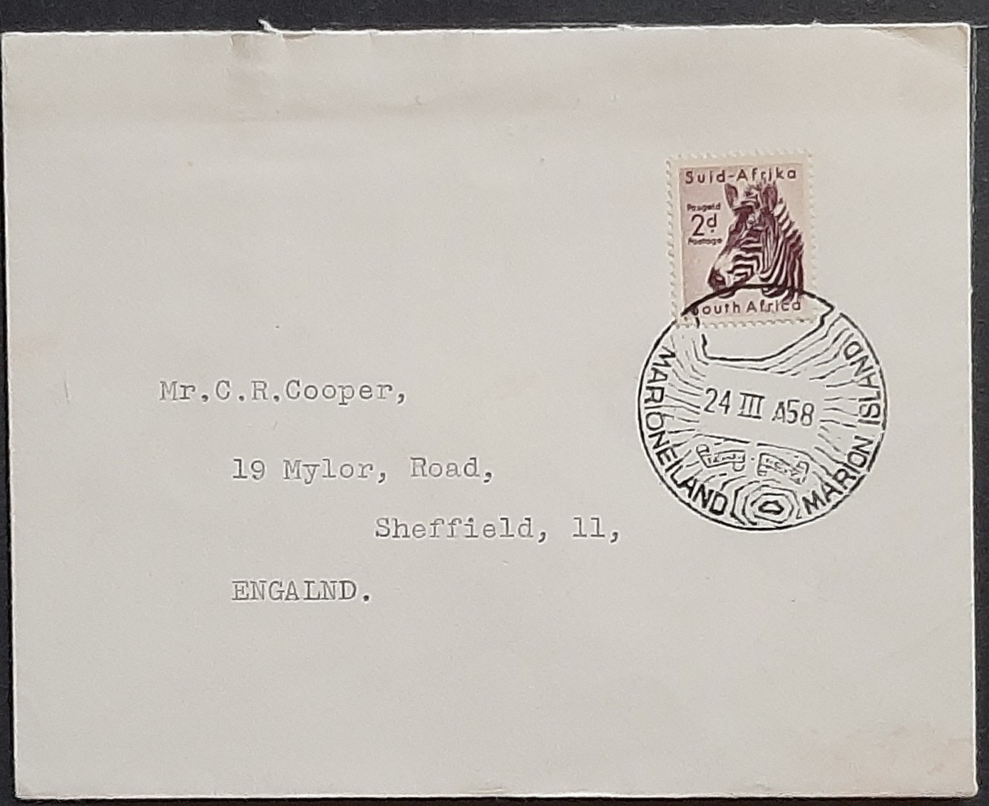 z(ZAF-276) S. AFRICA 1958 FDC from the Animal Kingdom series sent to ENGLAND