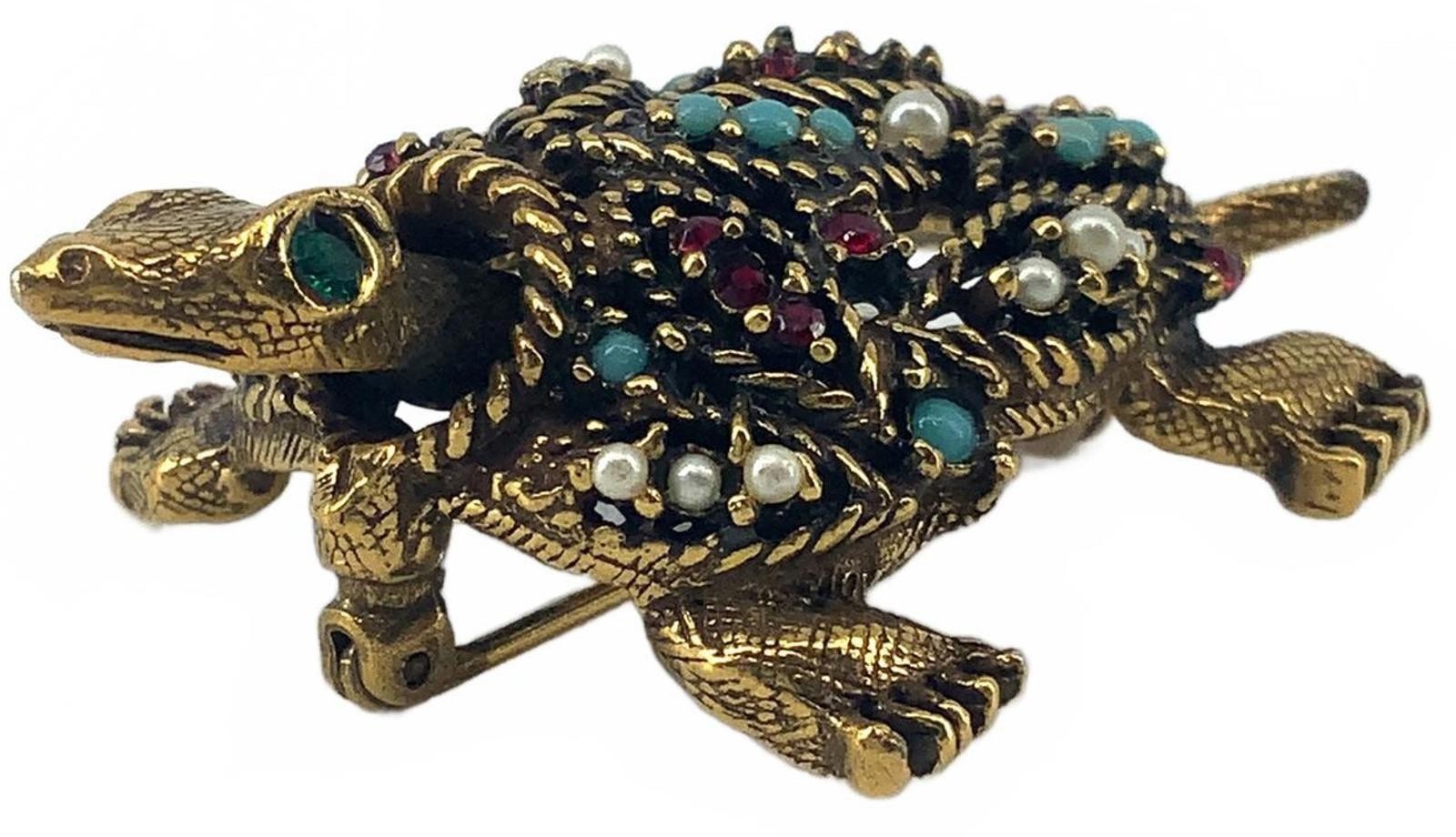 Vintage Art Gold Tone Rhinestone Faux Pearl Mid Century Turtle Brooch Pin