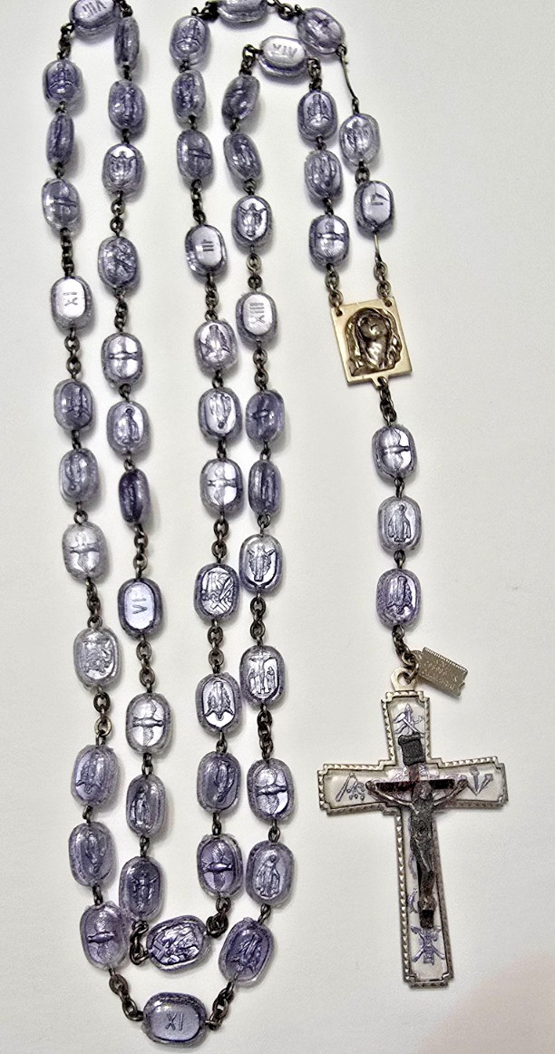 Lourdes Brevetto Italy Rosary Purple Bubble Beads Stations of the Cross with Tag