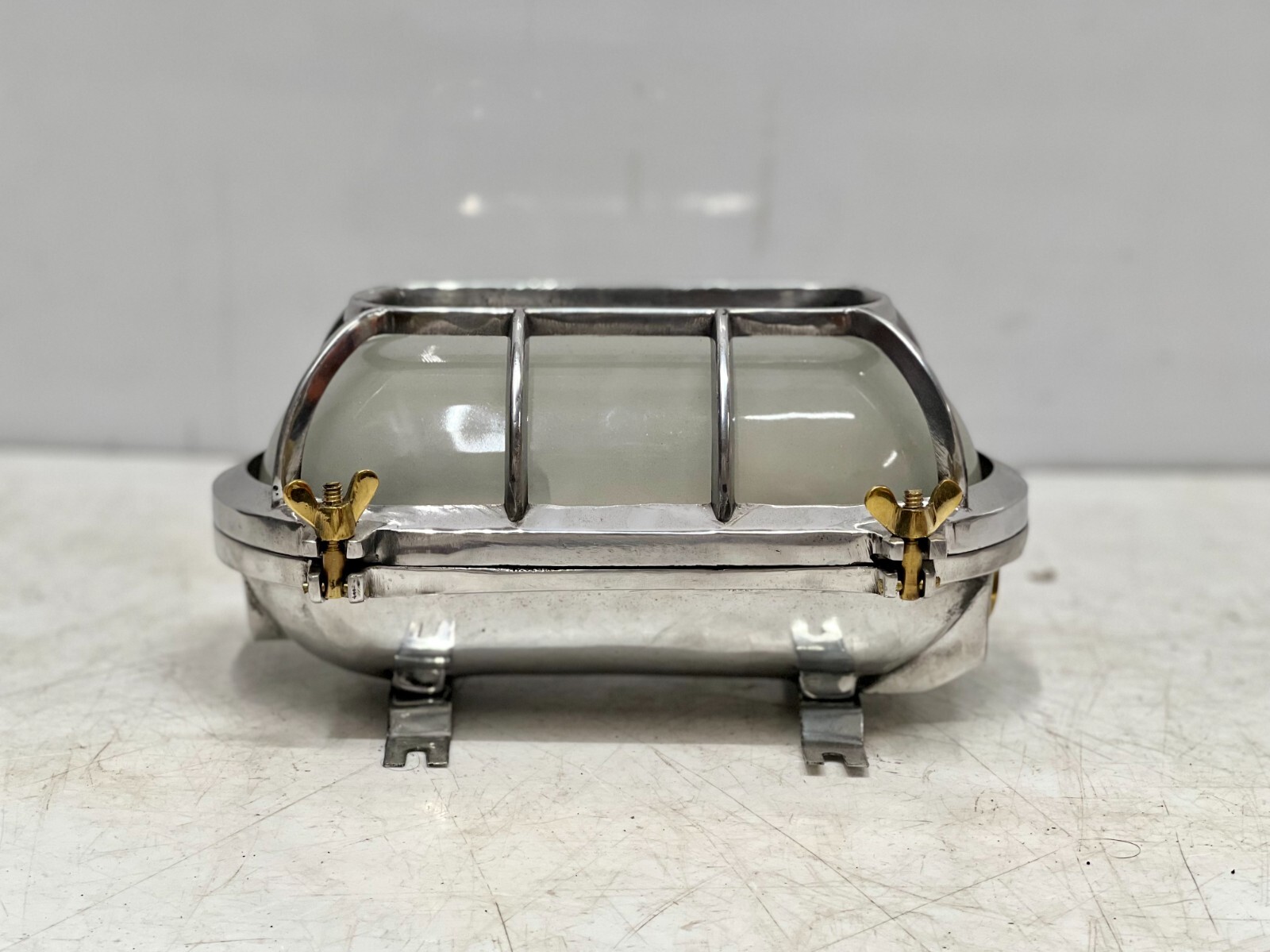 Set of 2 Antique Aluminum Bulkhead Marine Wall Lamp Fixtures White Glass Shade