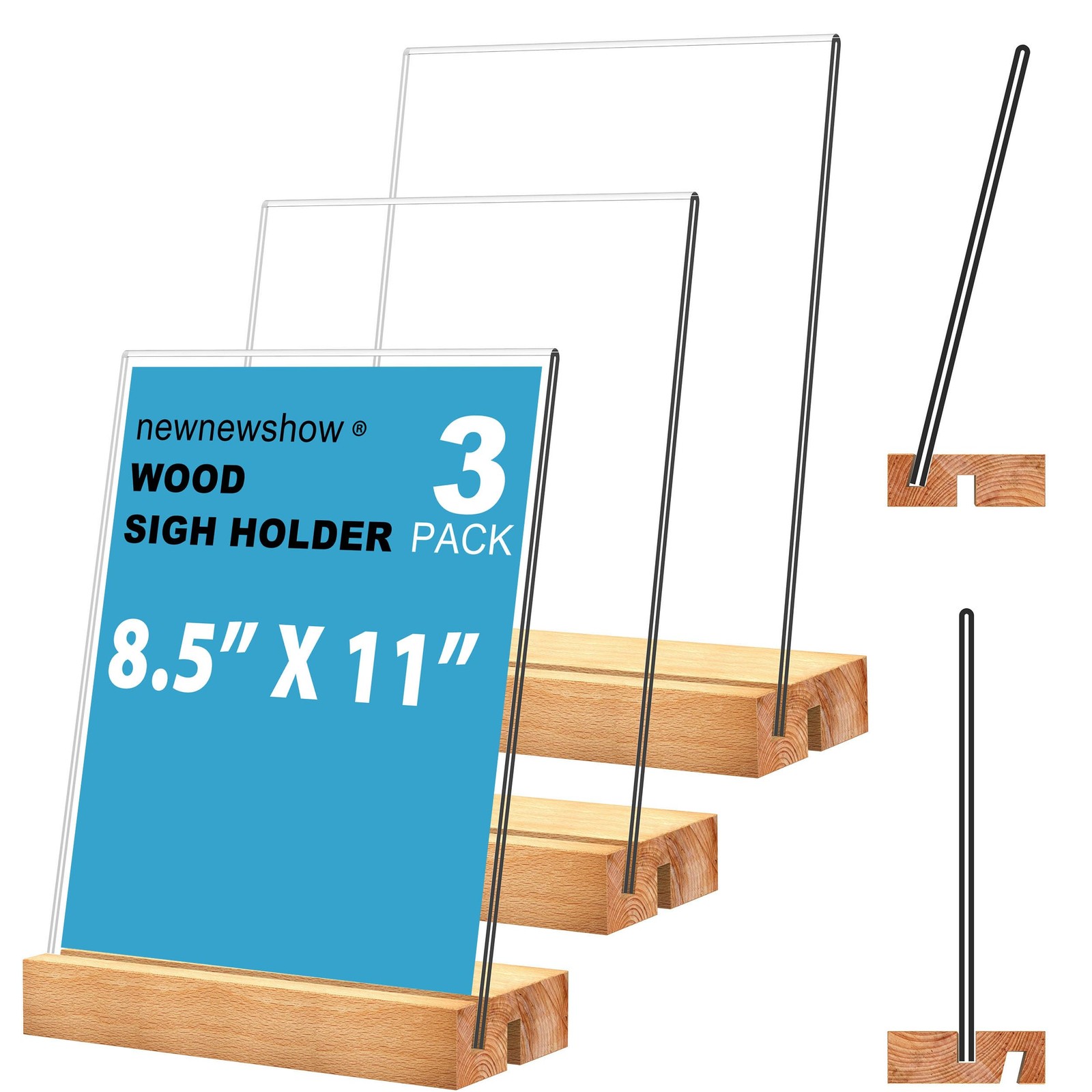 8.5x11 Acrylic Sign Holder Wood Base Vertical Slant Back Display Stand