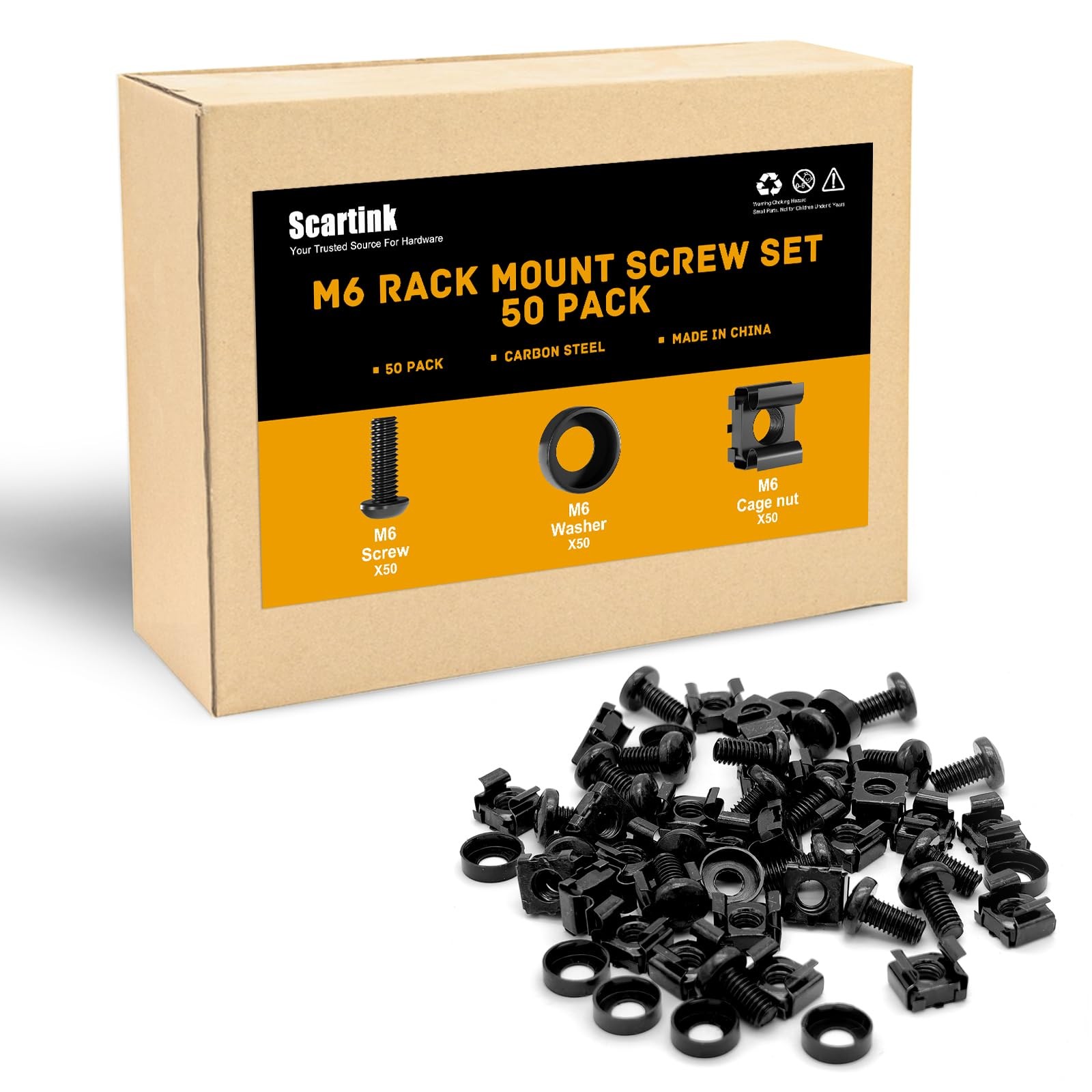 50 Pack M6 Rack Mount Cage Nuts, Screws and Washers 6 millimeters, Black 