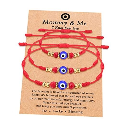  7 Knot Evil Eye Mommy and Me Bracelet Adjustable String Bracelets for Red-3pcs