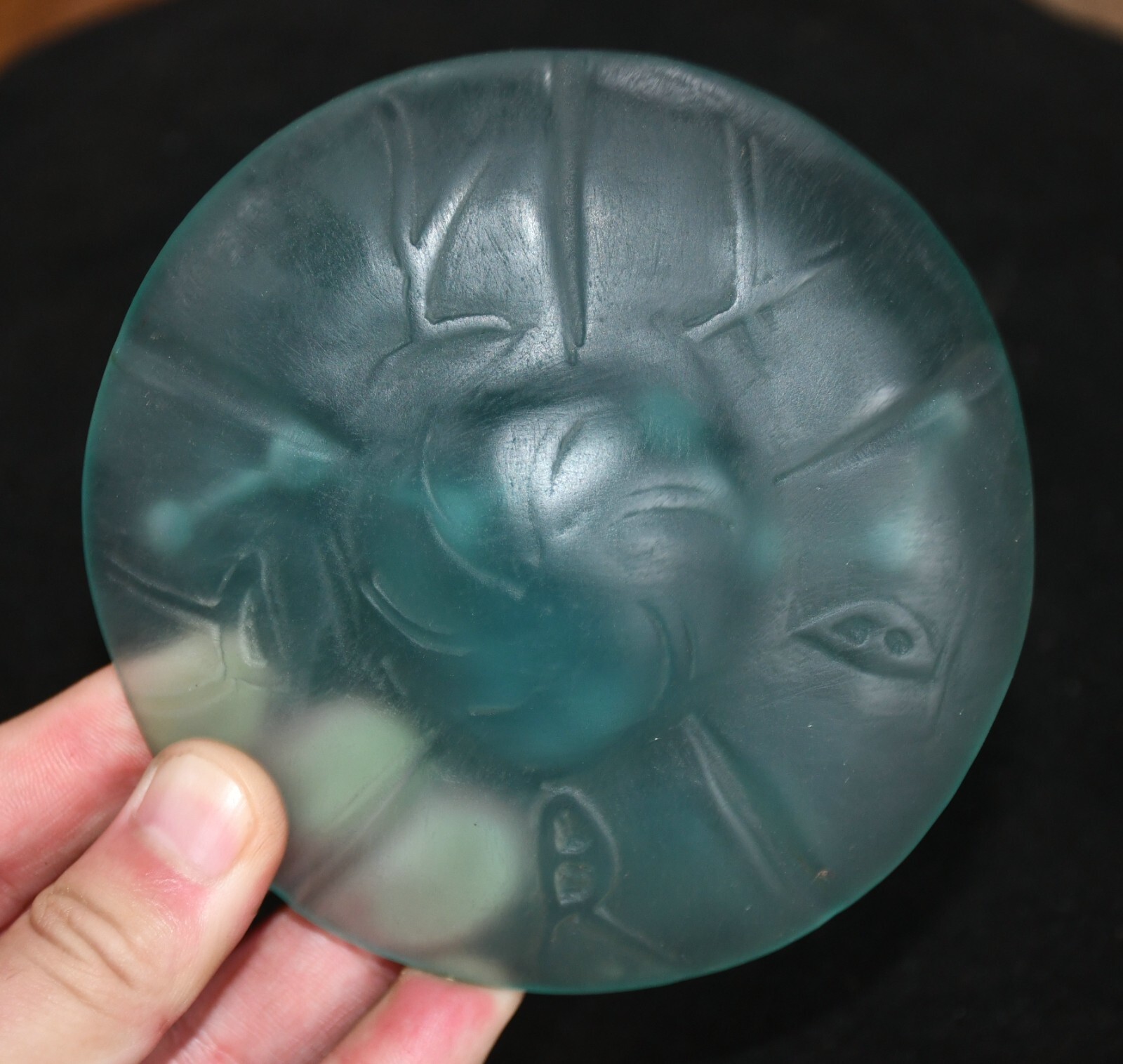 4.8" Chinese Hongshan culture Blue Crystal Carving Sun Flying saucer UFO