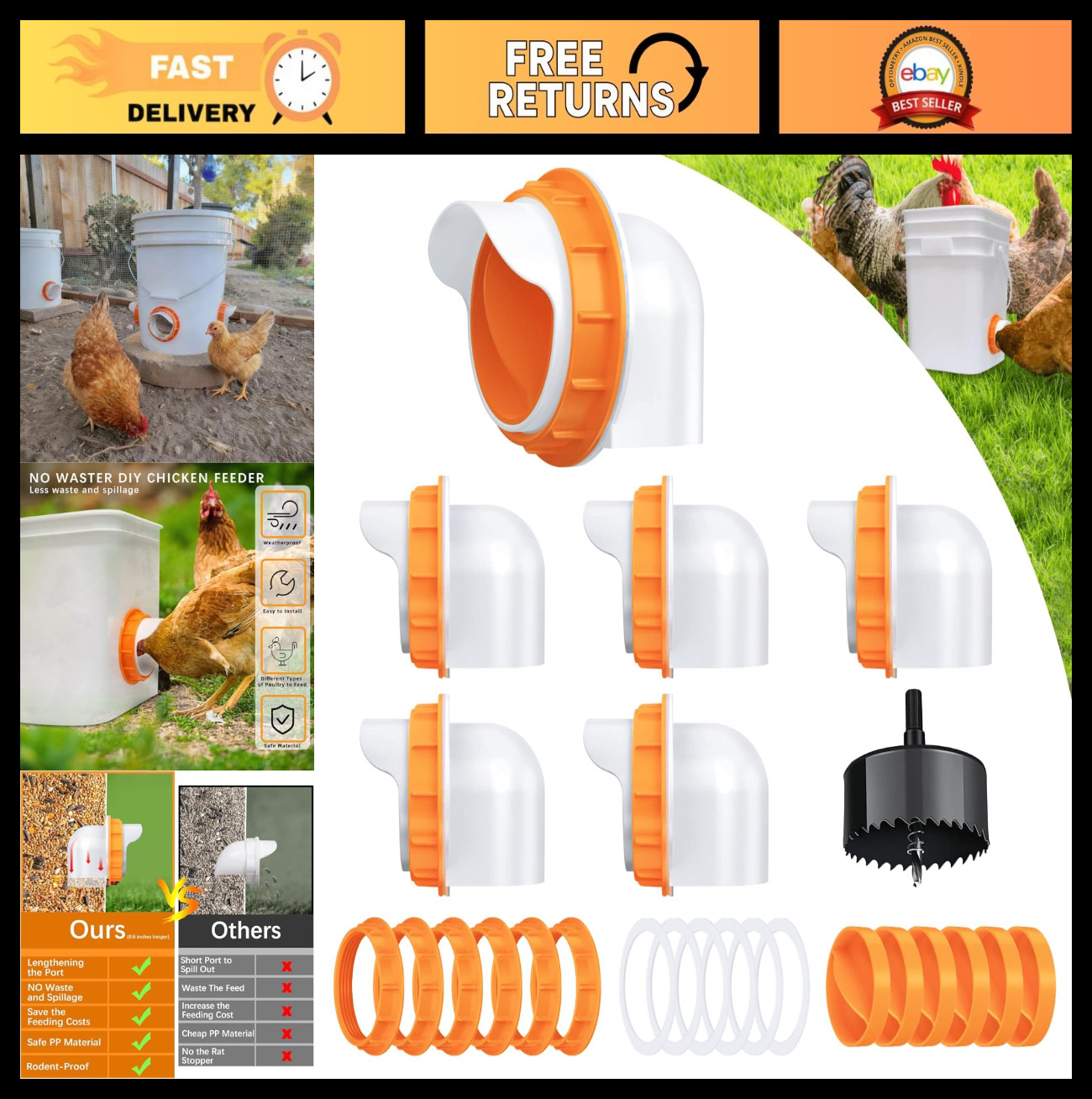 No Waste Chicken Feeder Port Kit - 6 Automatic Poultry Feeders with Lids & Drill