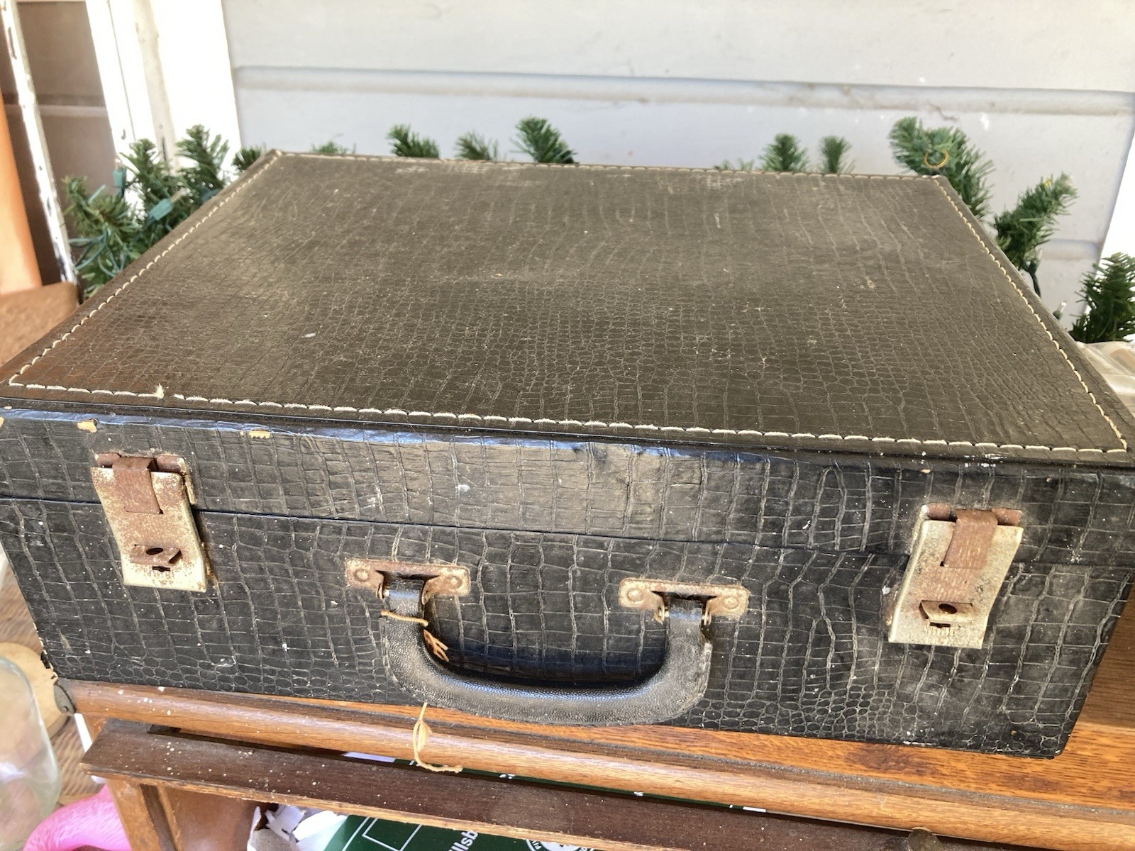 Vintage 1950s Black Hard Leather Suitcase with Locking Clasps