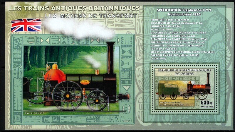 Congo 2006 MNH MS, Stephenson 0-2-2 Northumbrian 1830 Engine, Antique Great Brit