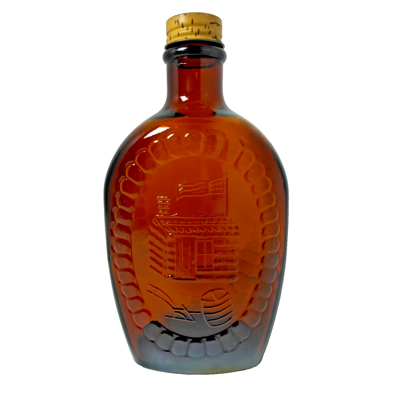 Vintage Log Cabin Syrup Embossed Amber Glass Bottle Bicentennial Liberty 1776