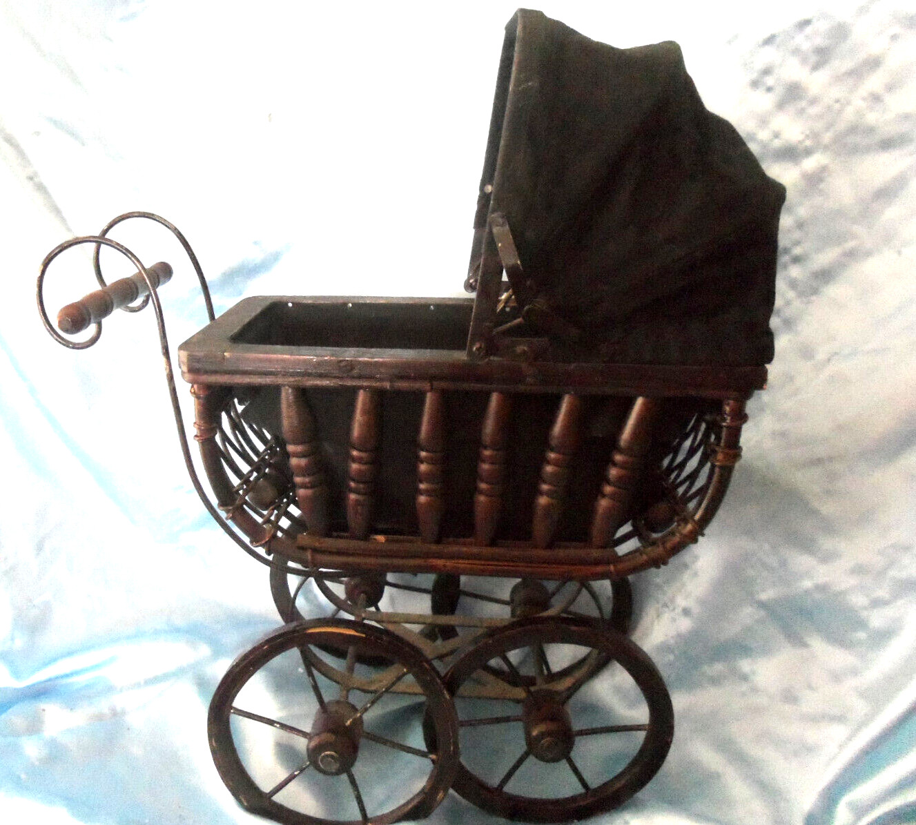 Antique Victorian Stroller Vintage Wicker Wood Iron Baby Doll Carriage 14"