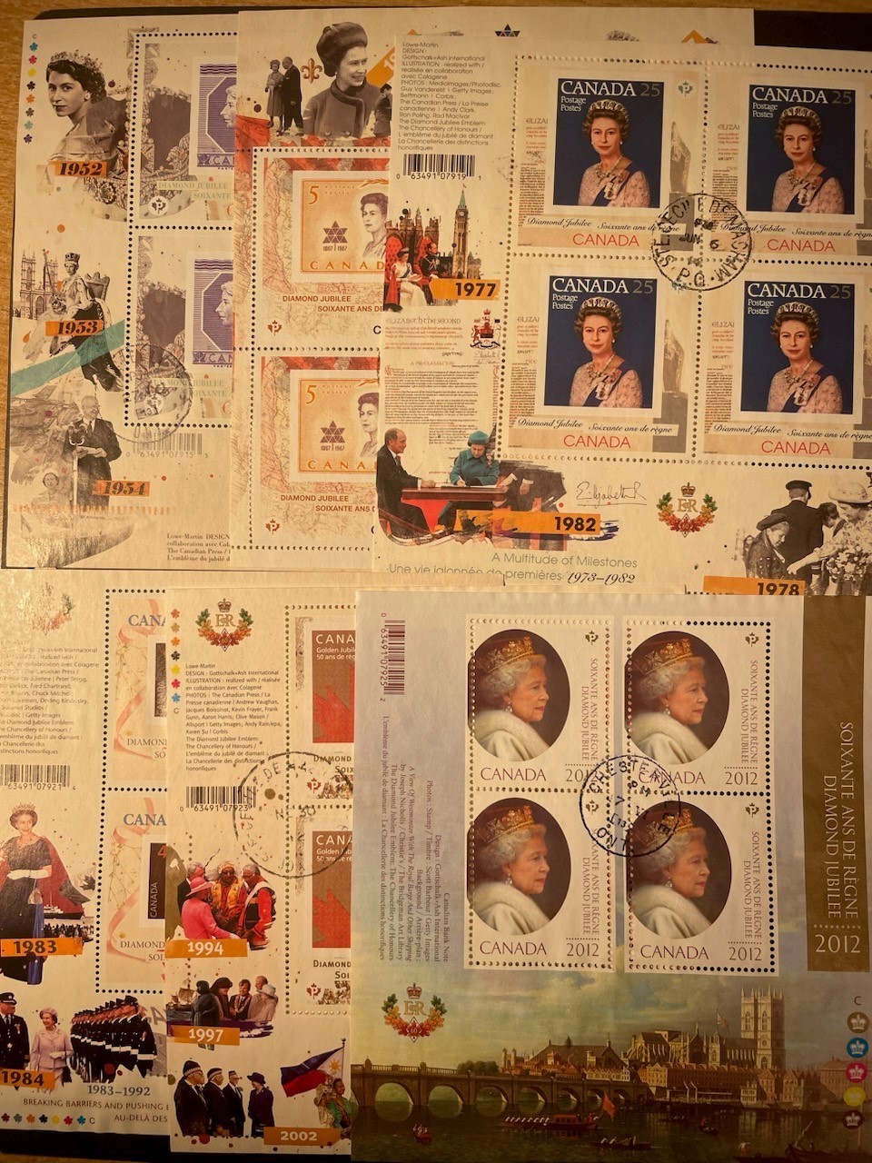 Stamps Canada used QEII 60th anniversary set of 6 panes of 4 stamps each