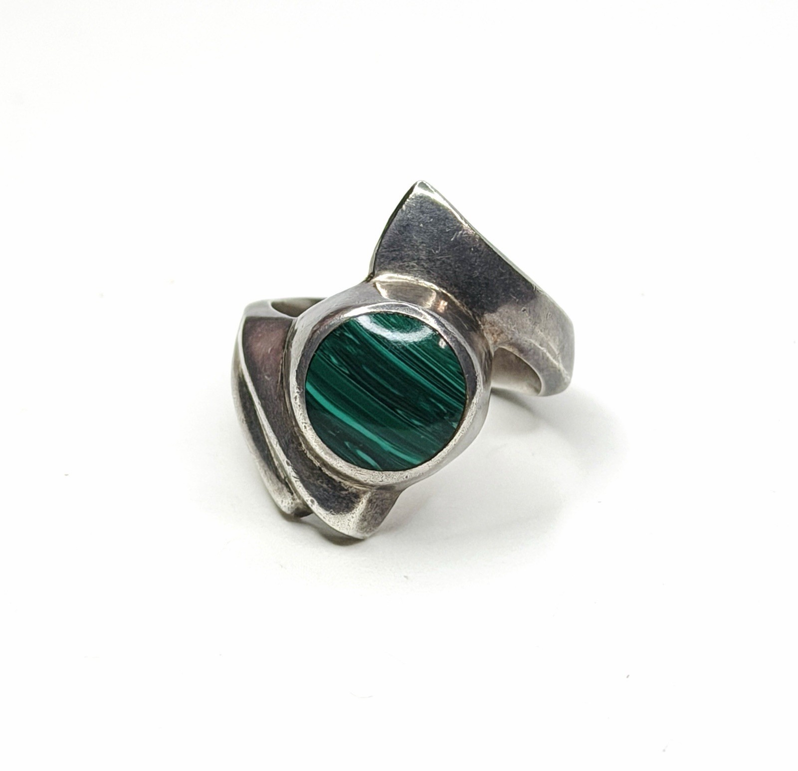 Cool Vintage Mexico Taxco Modernist Sterling Silver Malachite Ring Size 7.75