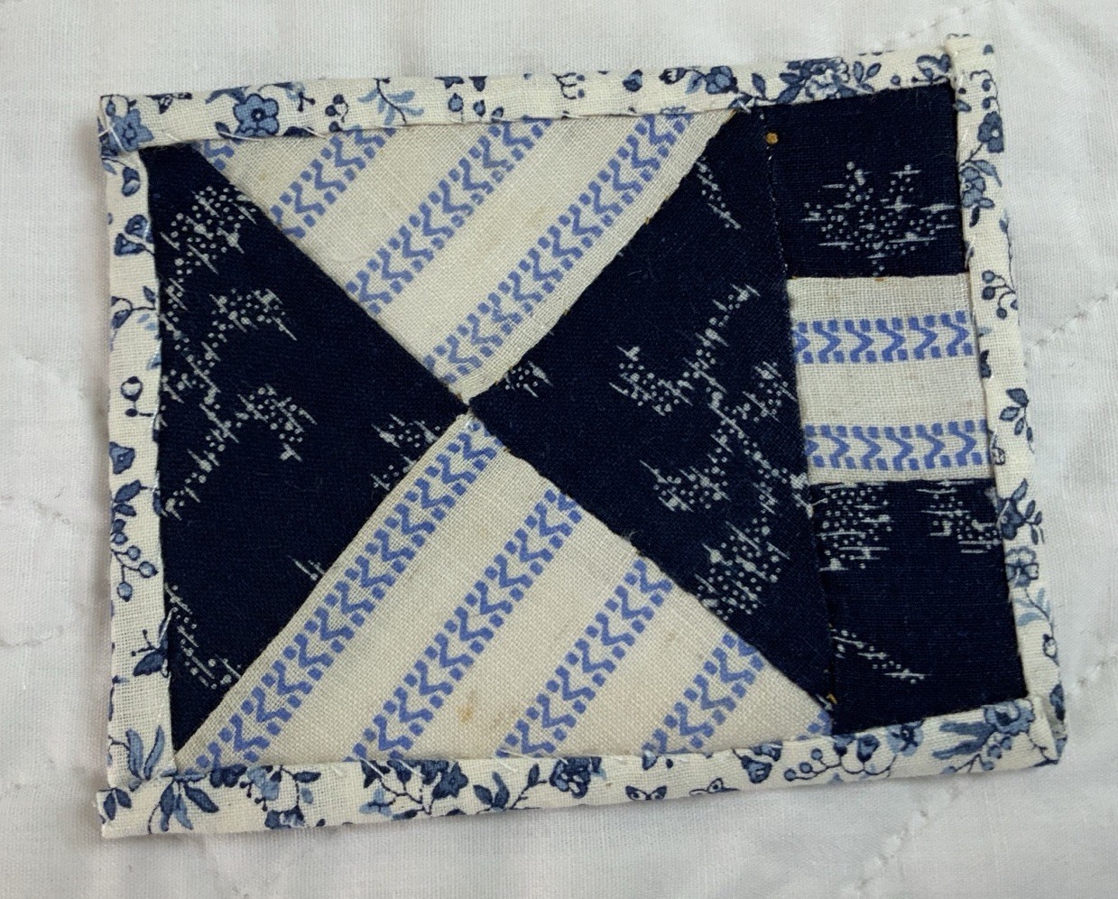 Antique Patchwork Quilt Table Topper, Early Calicos, Blue, Triangles, Mini