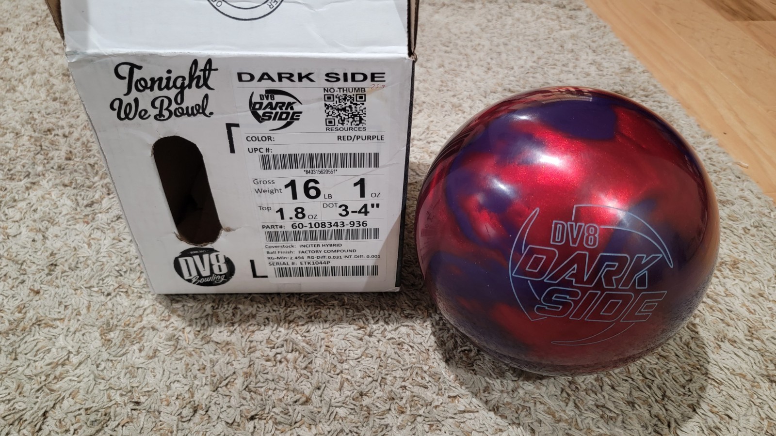 Dv8 Dark Side Hybrid Bowling Ball 1st Quality | 16 Pounds | 3-4" Pin | 1.8oz TW 