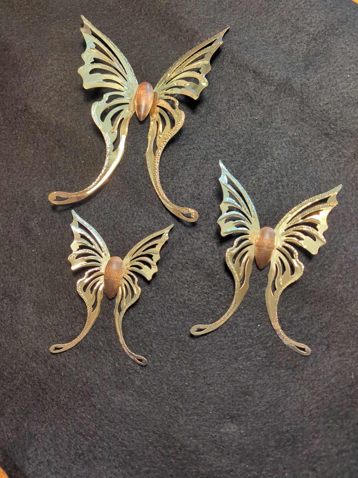 Vintage Home Interior Gold Metal & Wood Butterflies Set Of 3 Wall Decor Mid Cent