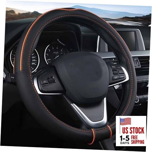  Auto Car Steering Wheel Cover, Universal 15 Inch Fit, Soft Black&Orange