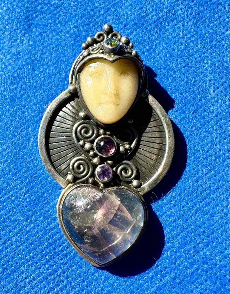 Sajen Sterling Silver Moon Face Goddess Pendant Brooch w Quartz,Amethyst,Peridot