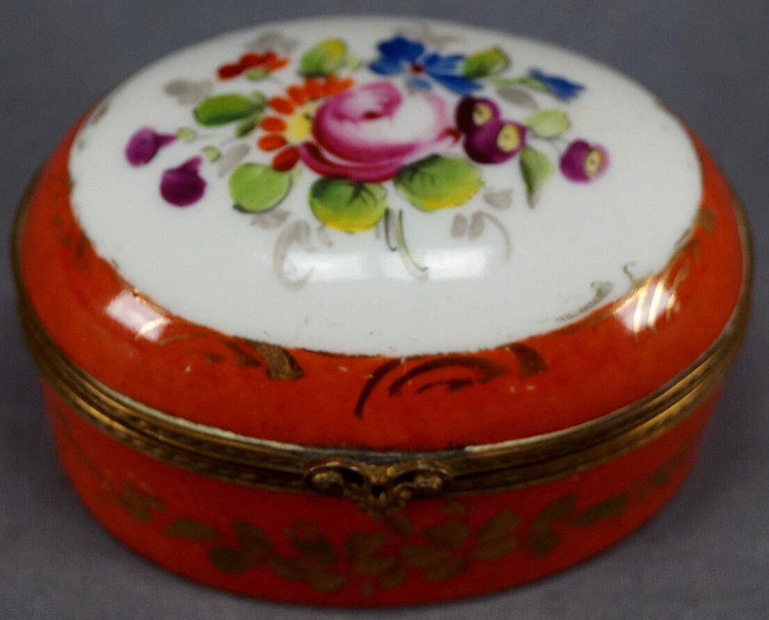 Vintage Paris French Decore Main Hand Painted Floral Orange & Gold Trinket Box
