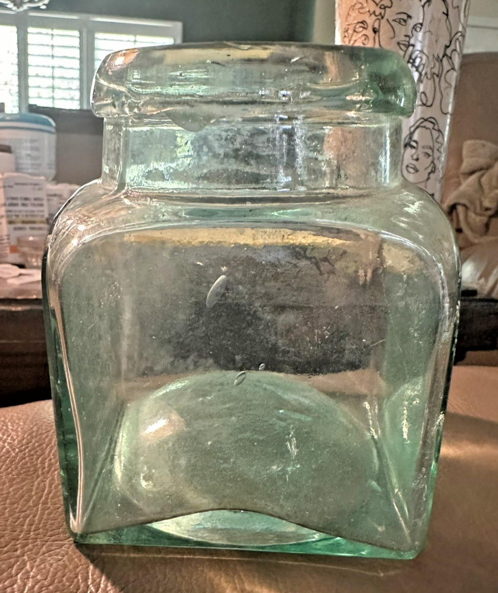 Antique square gree  glass storage or apothecary jar