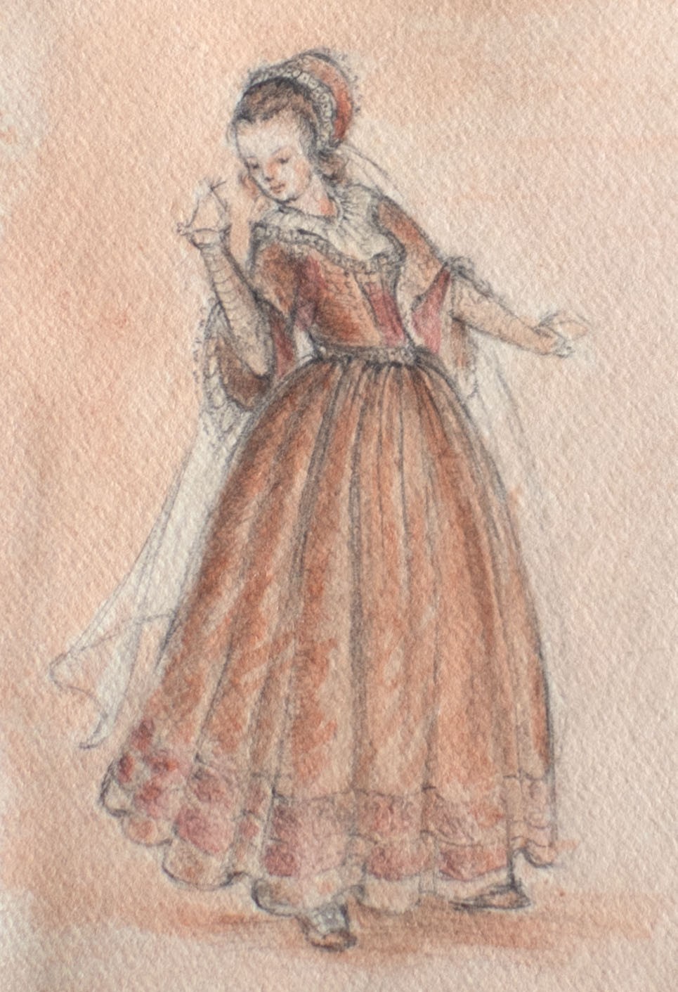 Woman portrait costume Baroque studies signed watercolored drawing 20th century