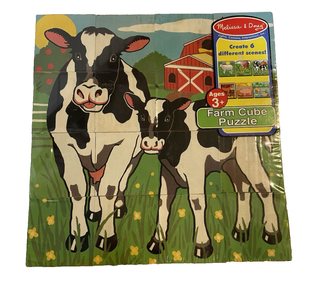 Melissa & Doug Farm Cube Puzzle 6 Scene 16 Blocks Animals Wood Tray Learning New